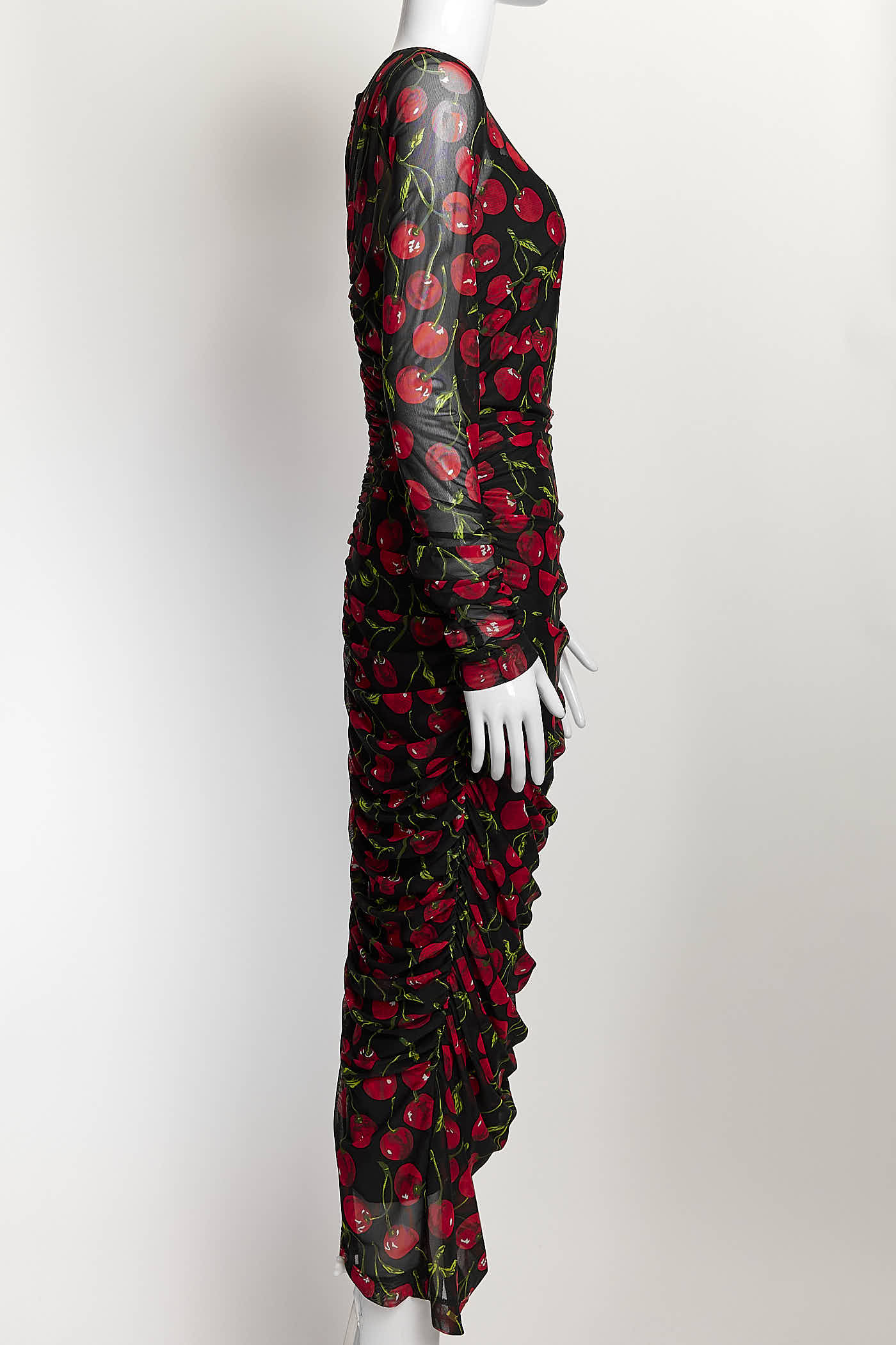 Dolce & Gabbana Cherry Printed Ruched Tulle Dress 44
