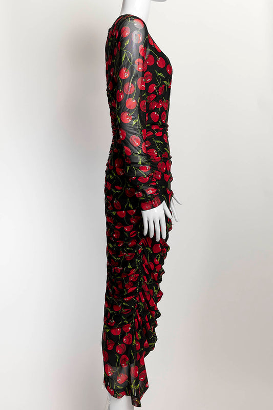 Dolce & Gabbana Cherry Printed Ruched Tulle Dress 44