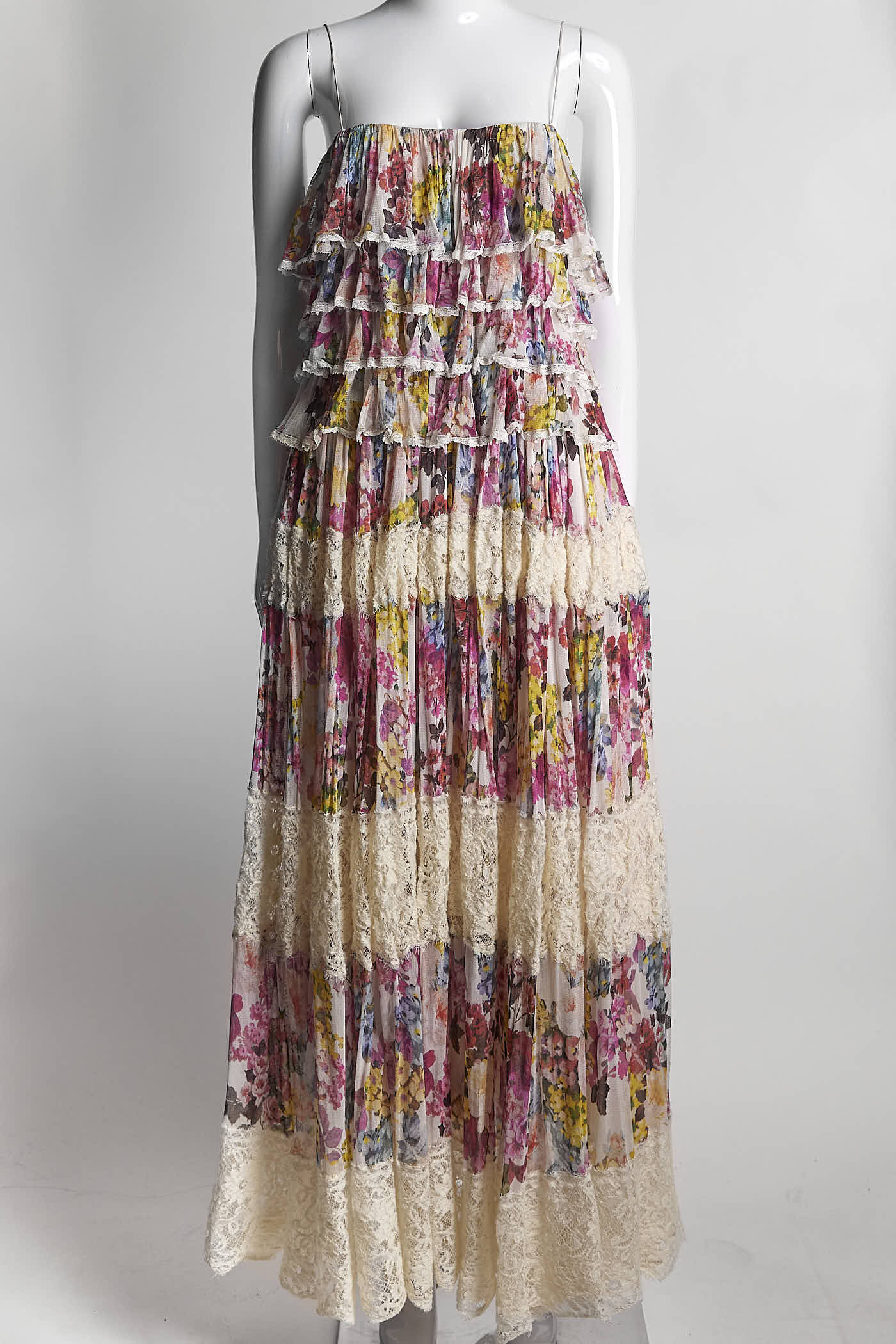 Dolce & Gabbana D&G Multicolor Floral Printed Silk/Lace Maxi Dress 38
