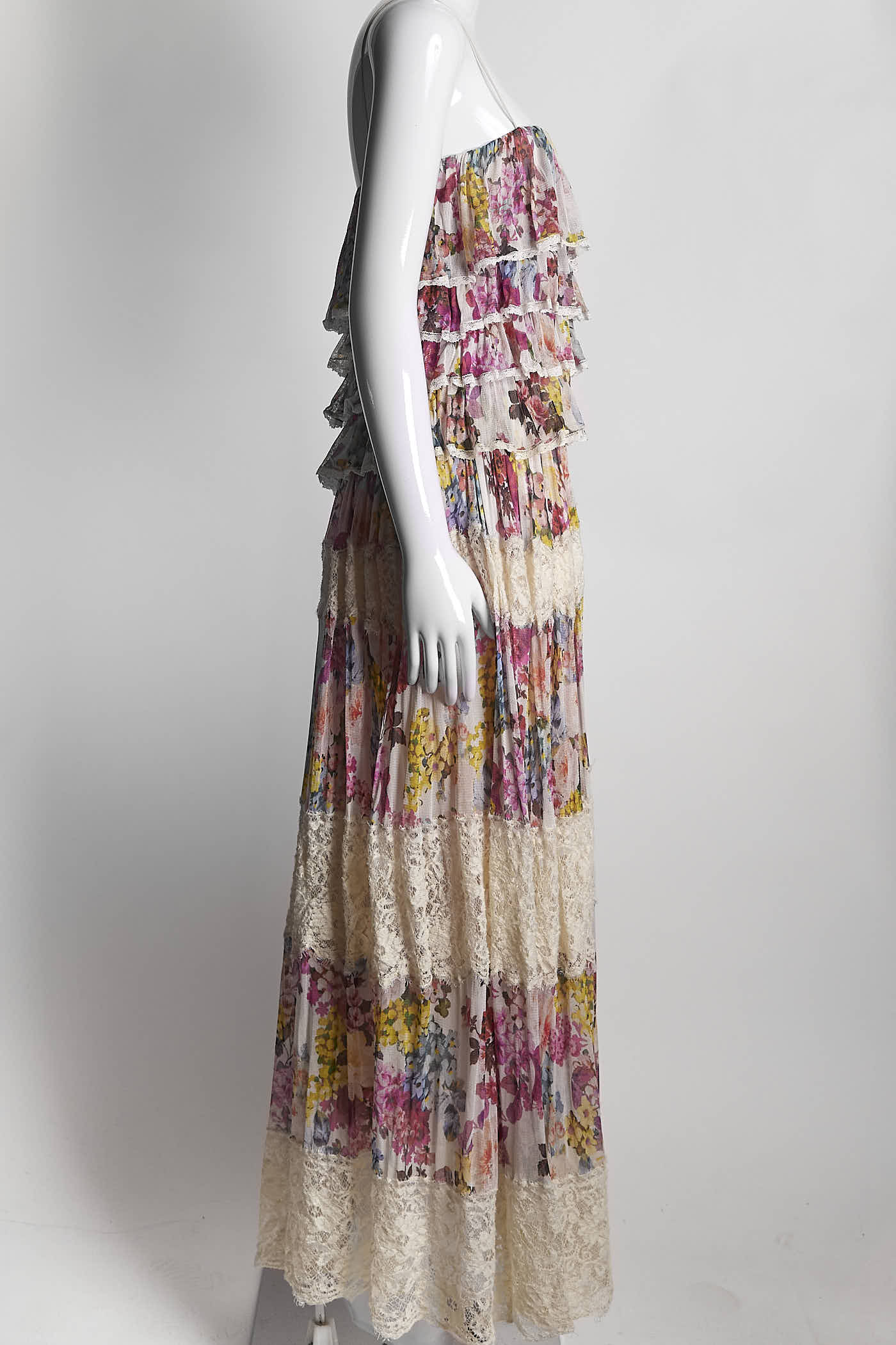 Dolce & Gabbana D&G Multicolor Floral Printed Silk/Lace Maxi Dress 38
