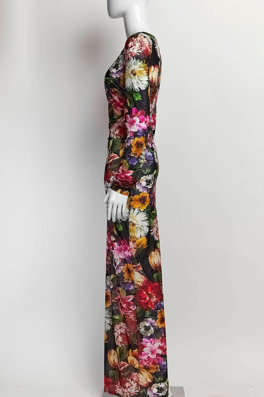 Dolce & Gabbana Floral Black Mesh Long Sleeves Dress 42