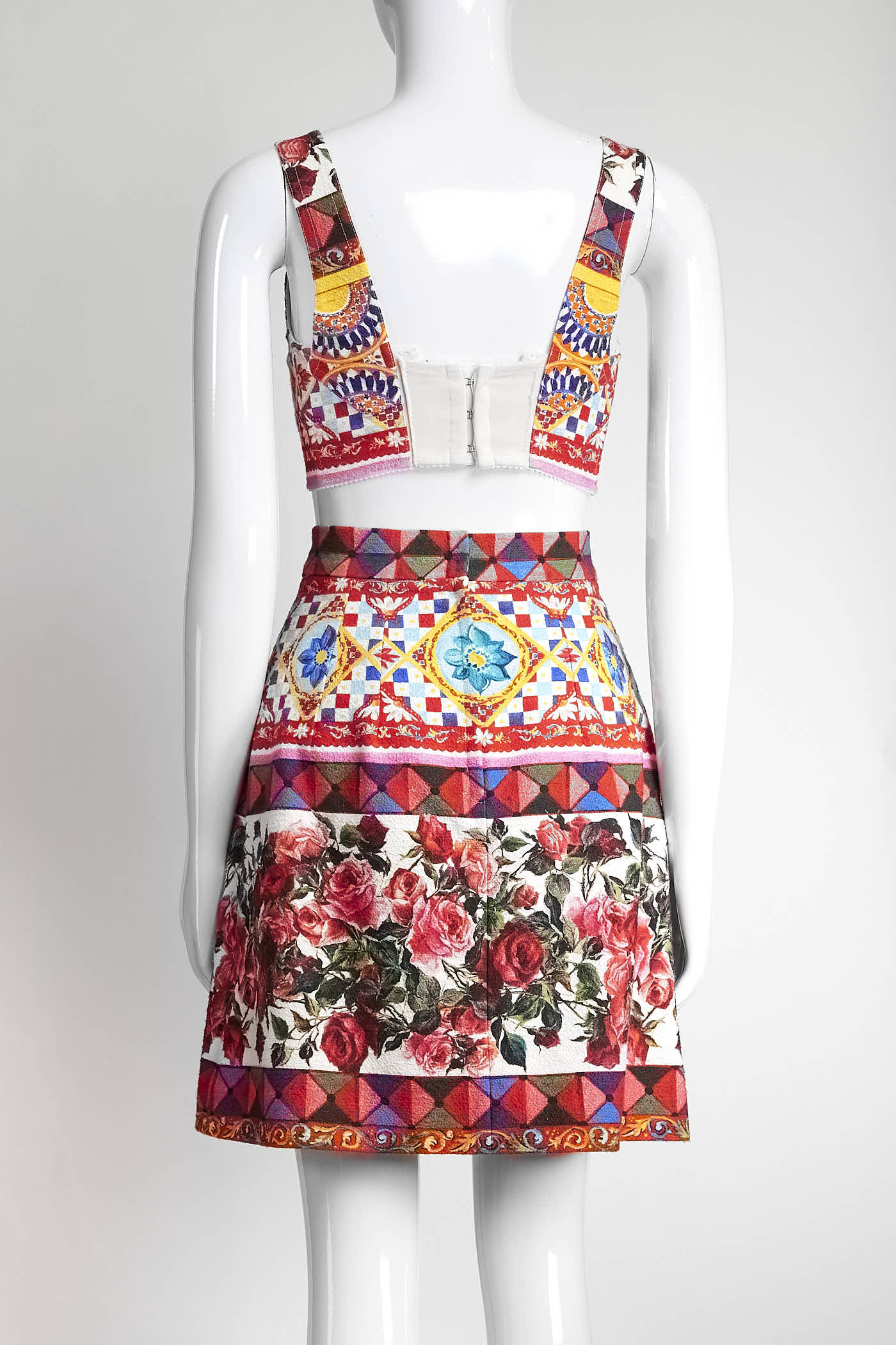 Dolce & Gabbana Multicolor Carretto Roses Print Cotton Crop Top & Skirt Set 40
