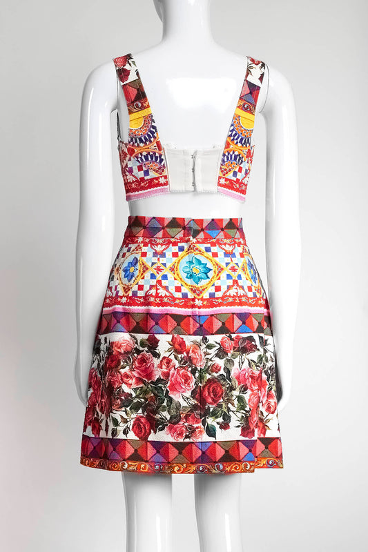 Dolce & Gabbana Multicolor Carretto Roses Print Cotton Crop Top & Skirt Set 40