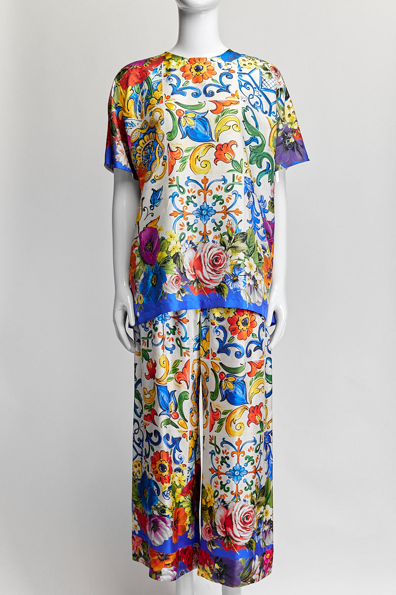 Dolce & Gabbana Multicolor Silk Sicily Maiolica Rose Floral Top/Pants Set IT 42