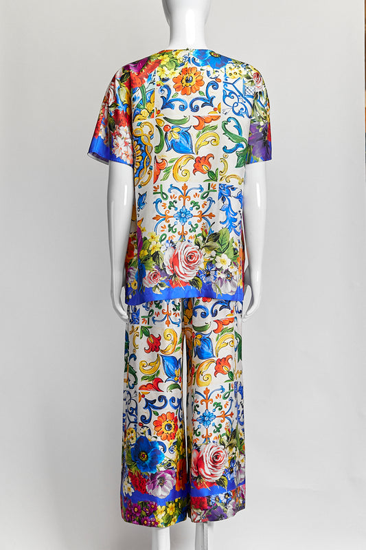 Dolce & Gabbana Multicolor Silk Sicily Maiolica Rose Floral Top/Pants Set IT 42