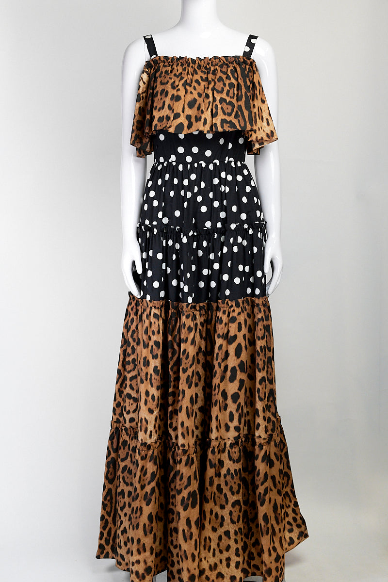 Dolce & Gabbana Polka Dot & Leopard Printed Cotton Off Shoulder Dress IT 38