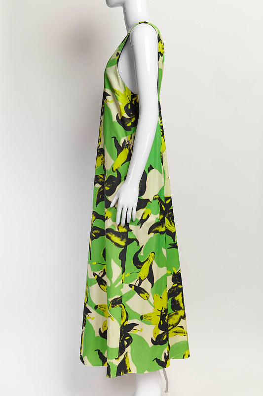Dries Van Noten Green Floral Printed  Satin Dress 36