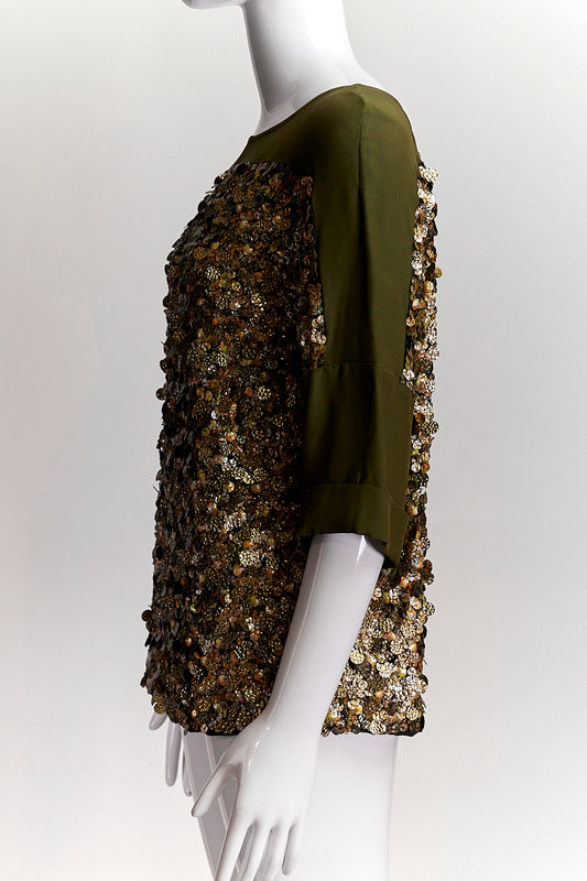 Dries Van Noten Khaki Green Sequined Silk Blouse IT38