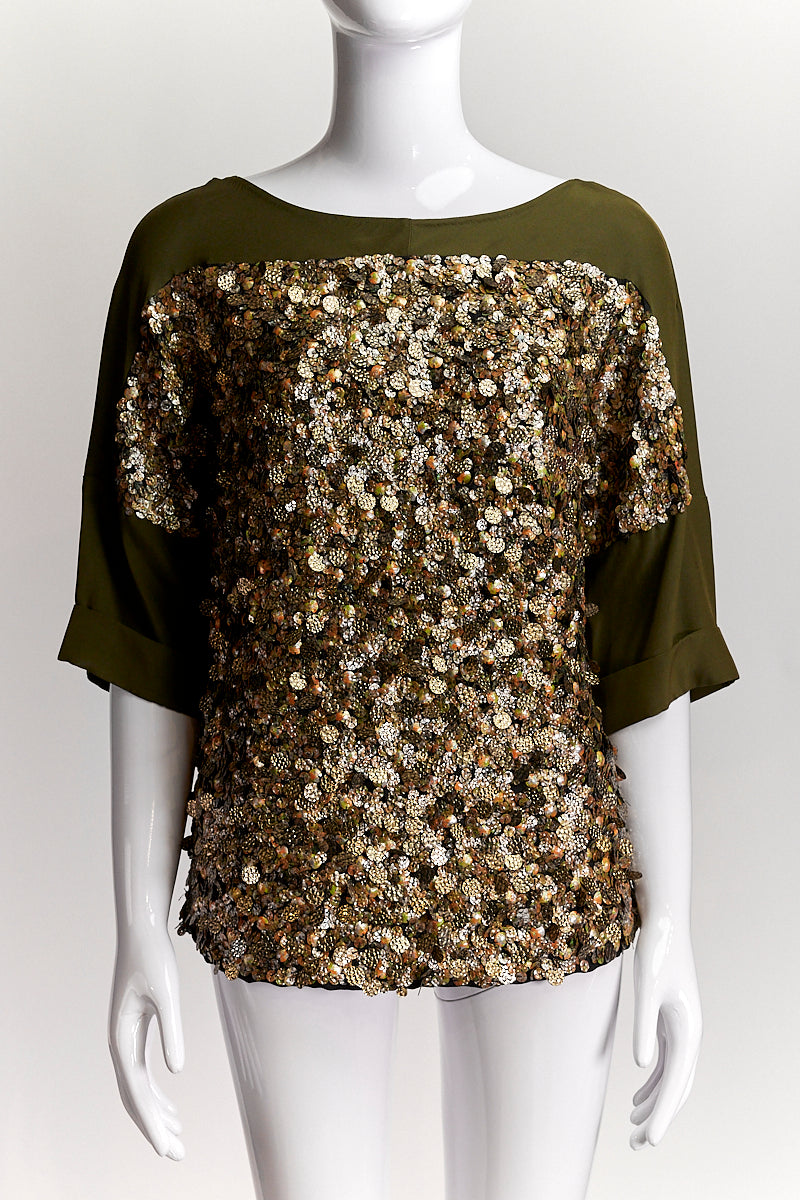 Dries Van Noten Khaki Green Sequined Silk Blouse IT38