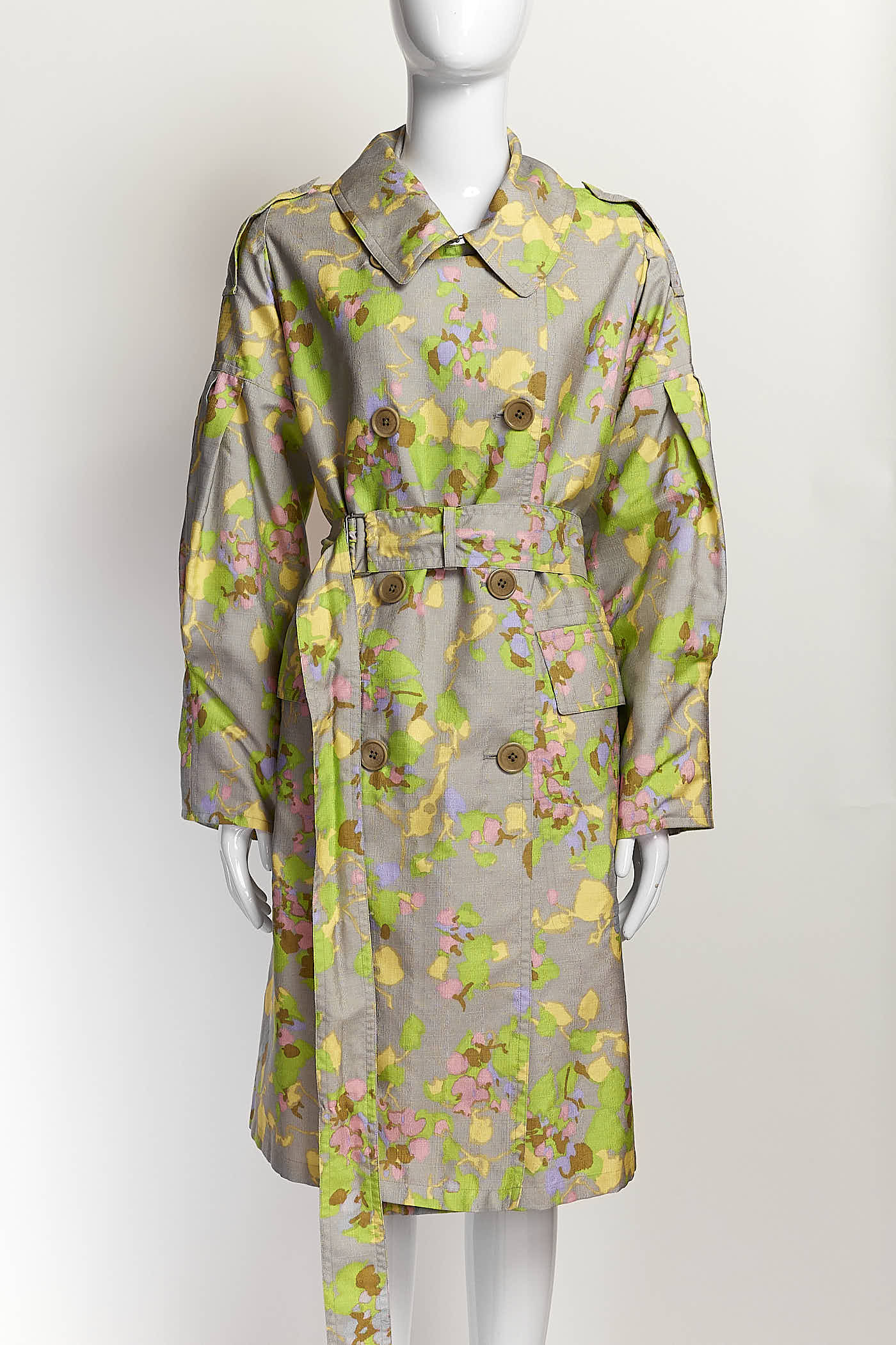 Dries Van Noten Light Grey Multicolor Patterned Trench Coat M