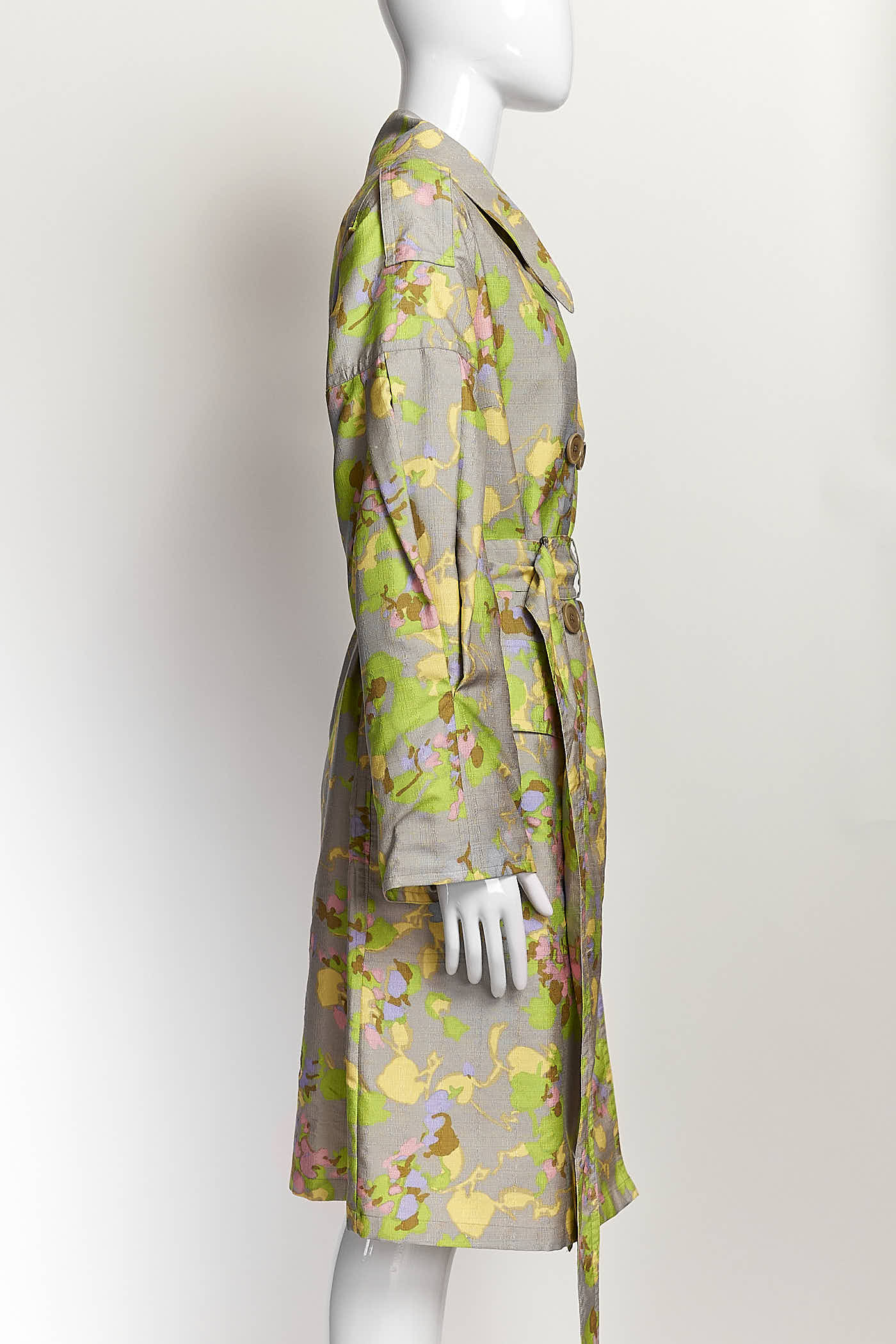 Dries Van Noten Light Grey Multicolor Patterned Trench Coat M