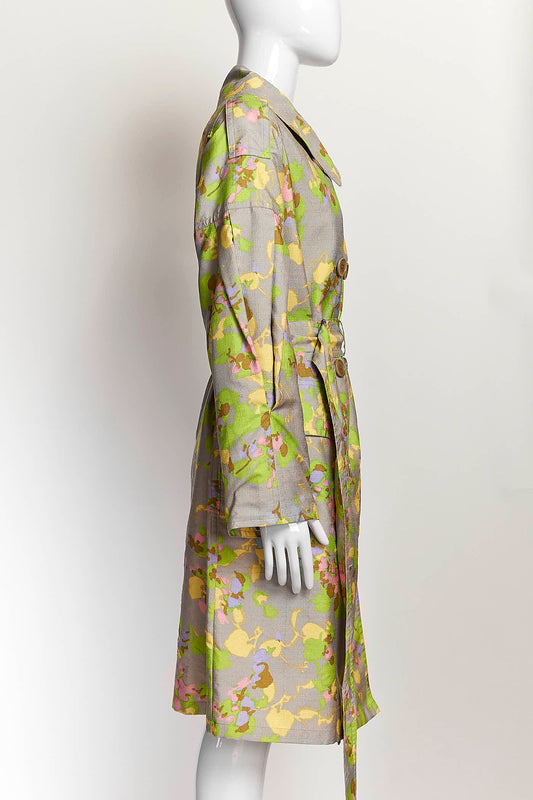 Dries Van Noten Light Grey Multicolor Patterned Trench Coat M