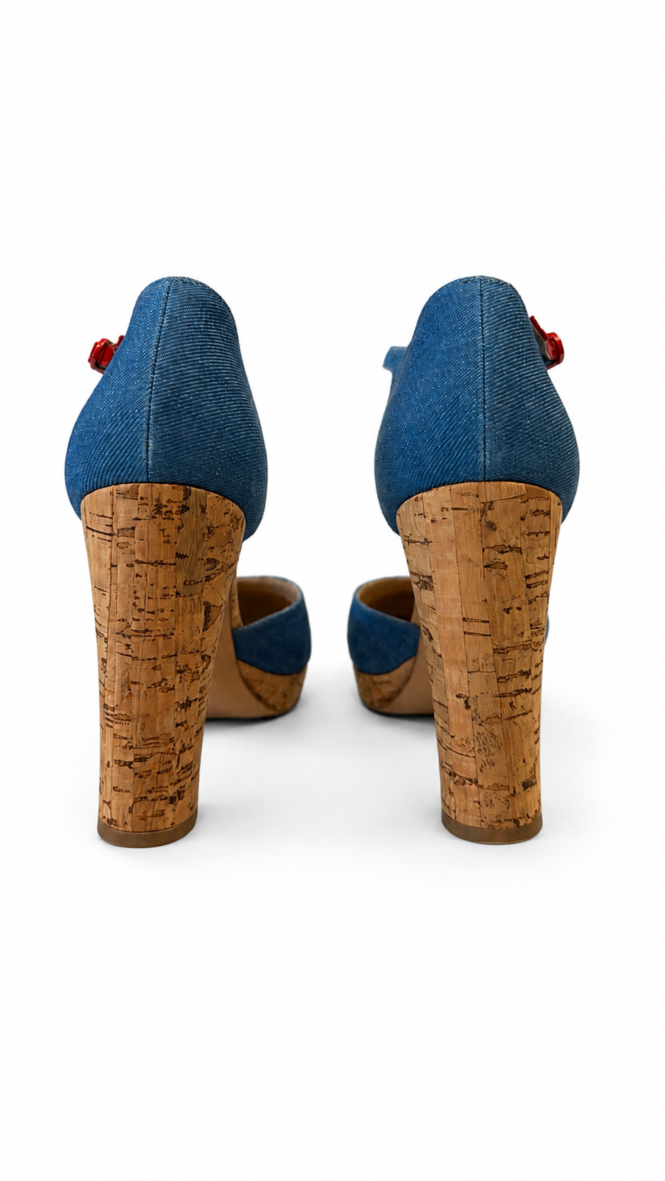 CHANEL BLUE DENIM CORK HEELS WITH LEATHER LOGO - SIZE 39.5