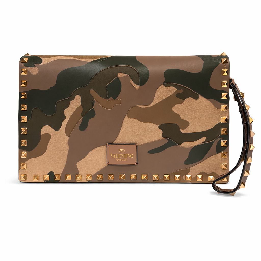 Valentino Rockstud Camouflage Canvas and Leather Clutch