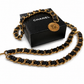 CHANEL VINTAGE BLACK LEATHER AND GOLD CHAIN BELT WITH LOGO CHARM