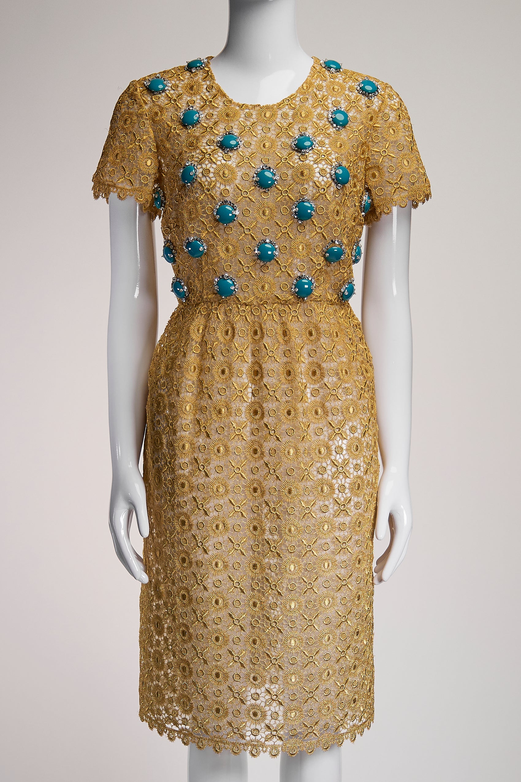 Prada Gold Lace with Turquoise Stone Detail Dress FR42 IT46