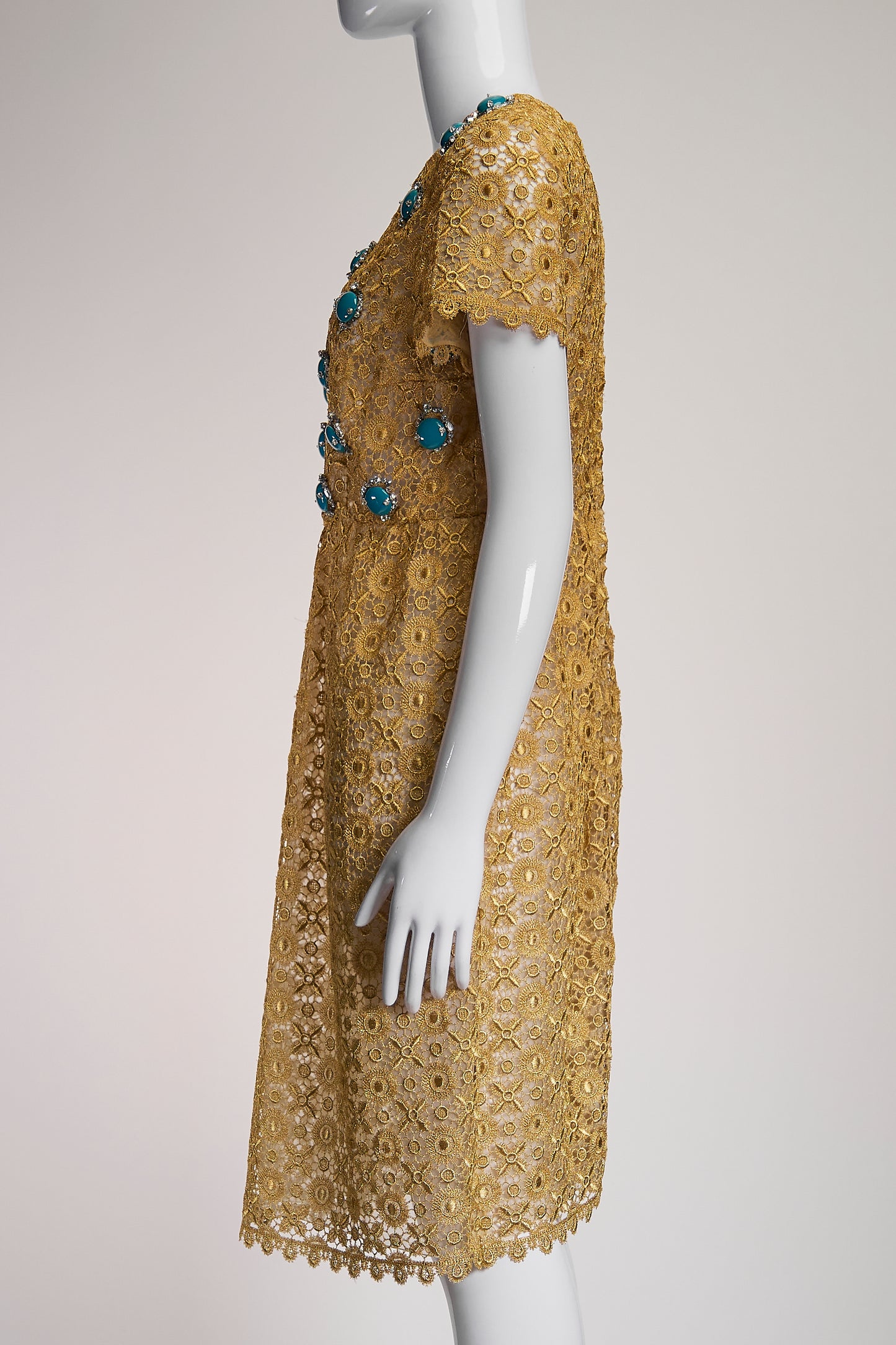 Prada Gold Lace with Turquoise Stone Detail Dress FR42 IT46