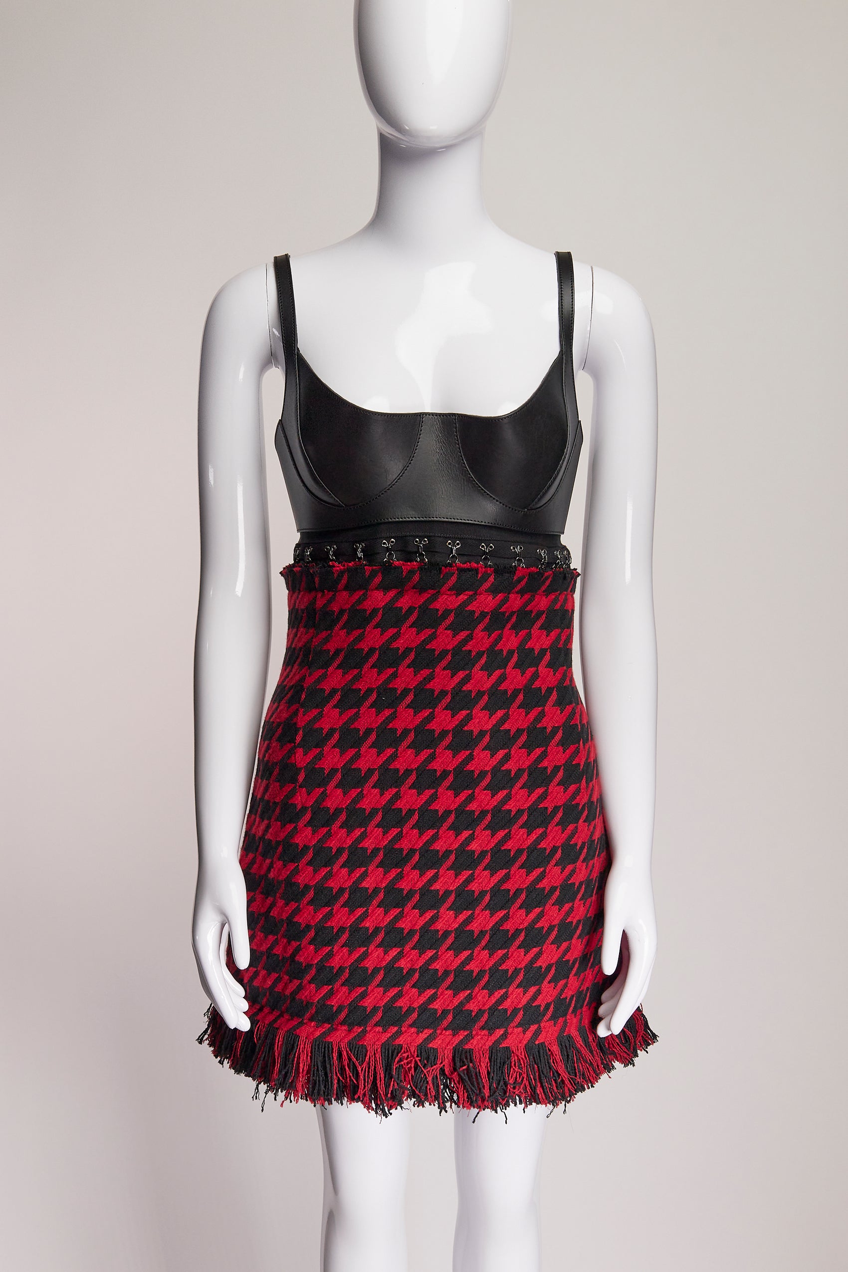 MONSE Red and Black Houndstooth Leather Dress US10