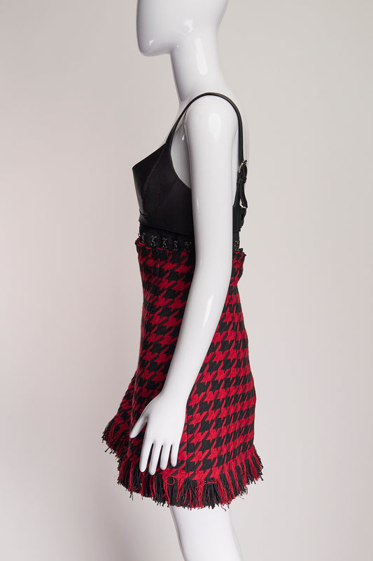 MONSE Red and Black Houndstooth Leather Dress US10