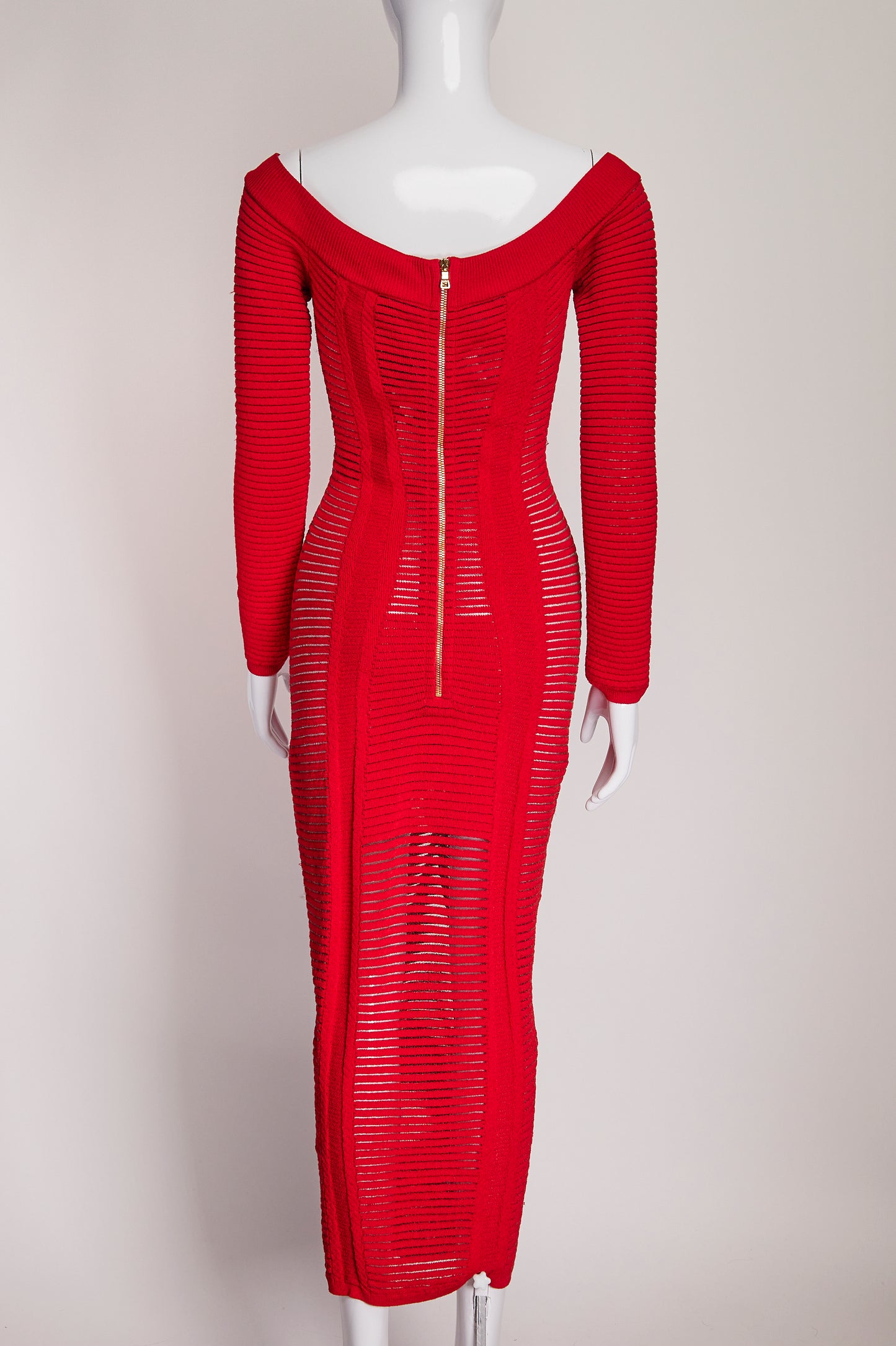 Balmain Red Ribbed Long Sleeve Dress FR38 IT42