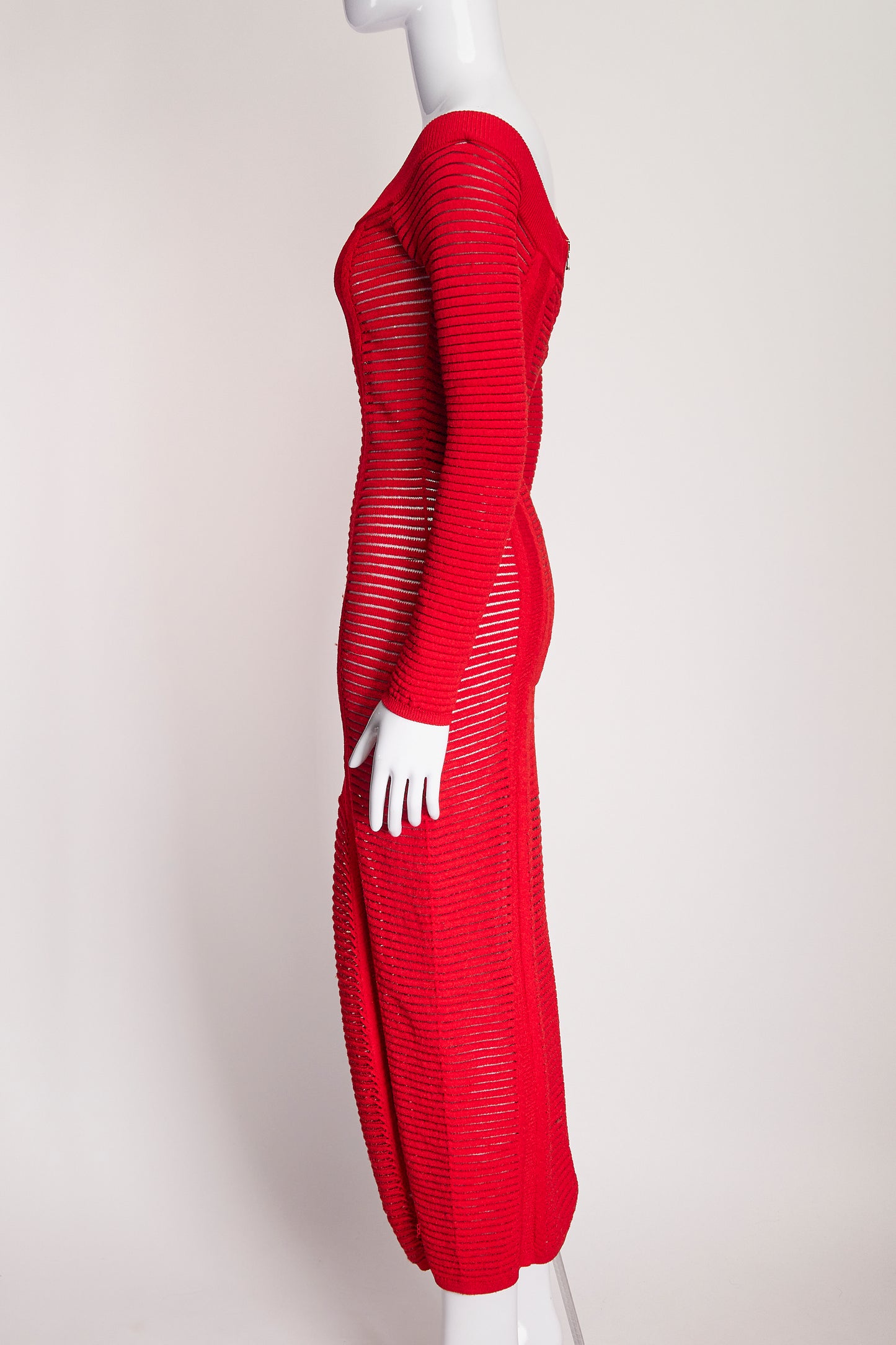 Balmain Red Ribbed Long Sleeve Dress FR38 IT42