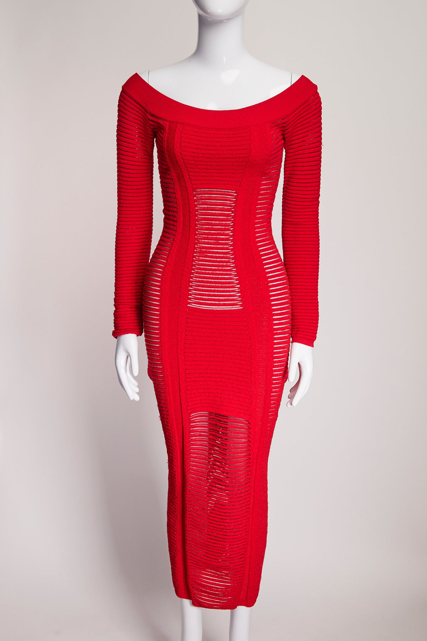 Balmain Red Ribbed Long Sleeve Dress FR38 IT42