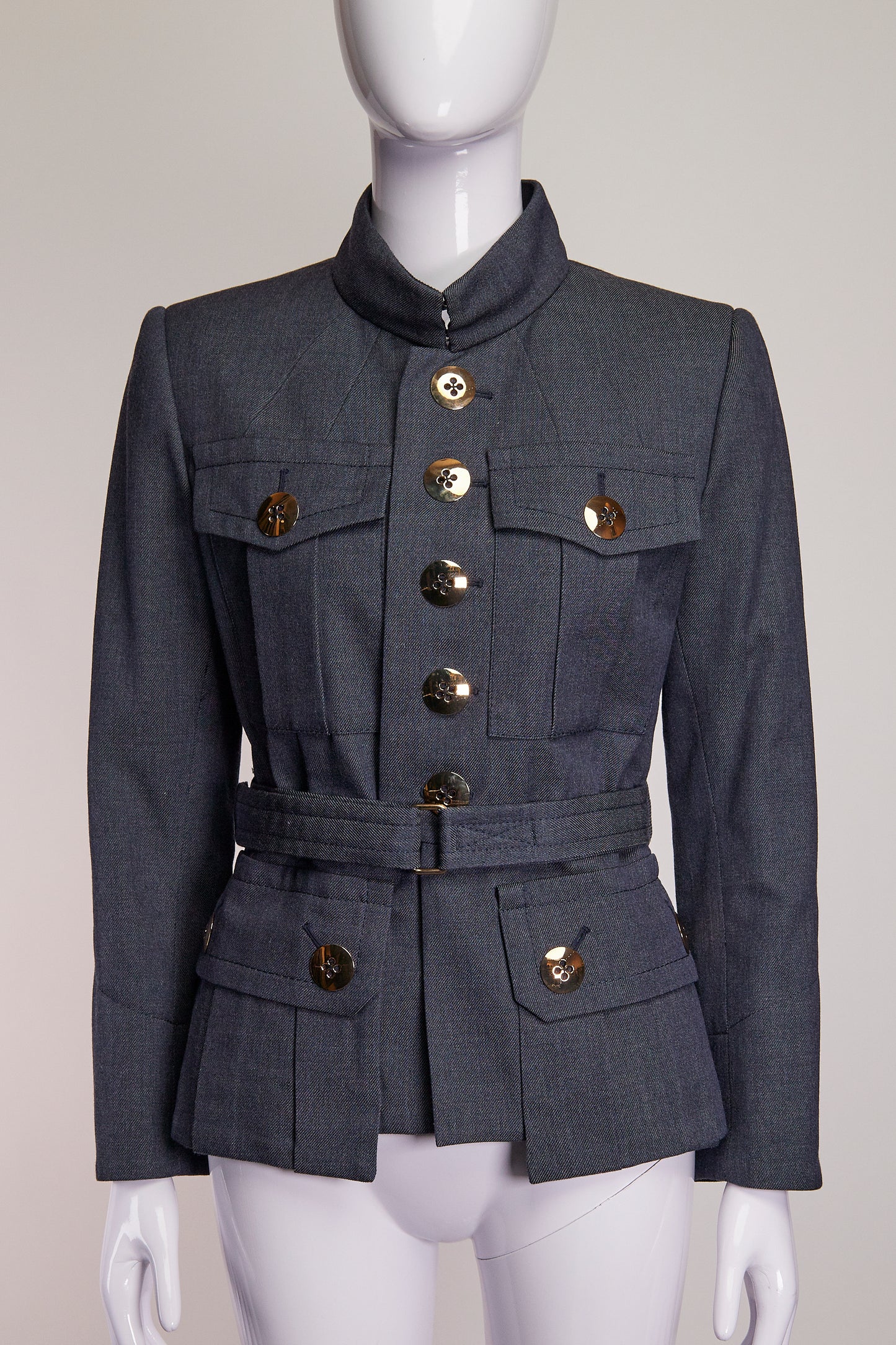 Marc Jacobs Navy Belted Jacket with Large Gold Buttons US4