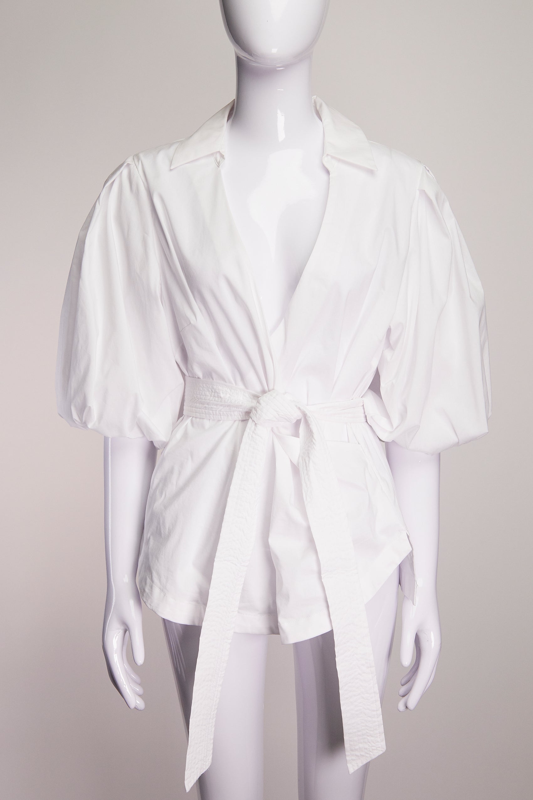 Jonathan Simkhai White Belted Puff Sleeve Top M