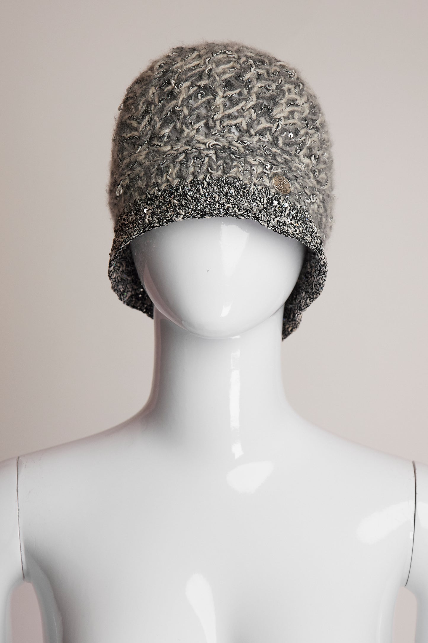 Chanel Silver and White with Sequin Detail Hat & Scarf Set