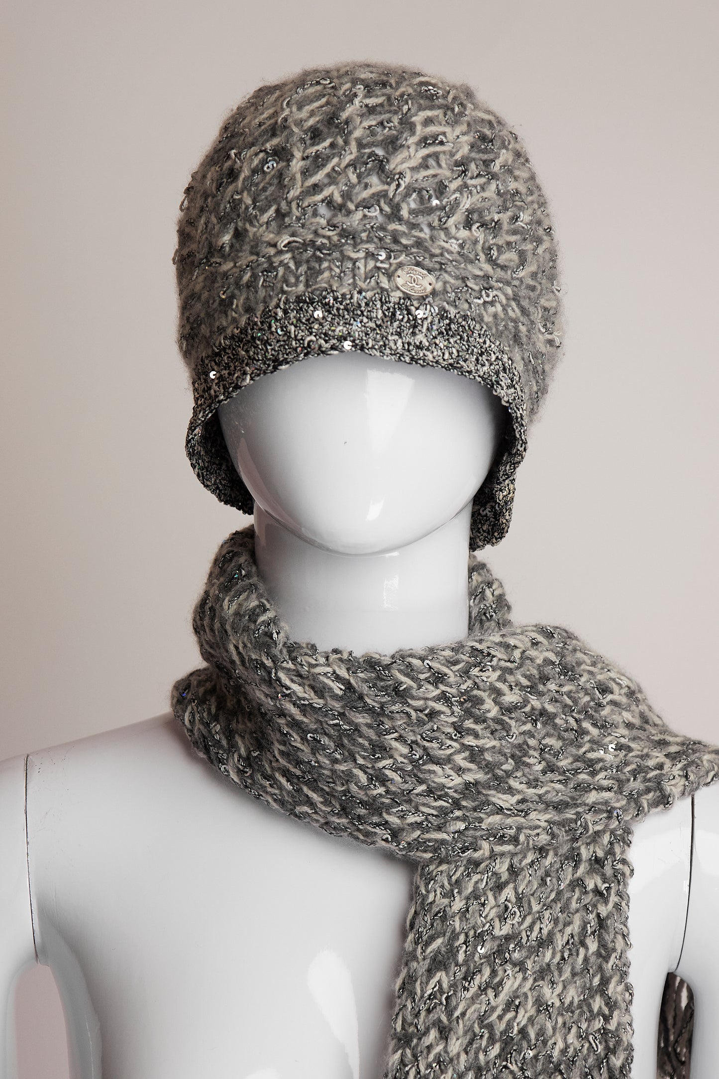 Chanel Silver and White with Sequin Detail Hat & Scarf Set