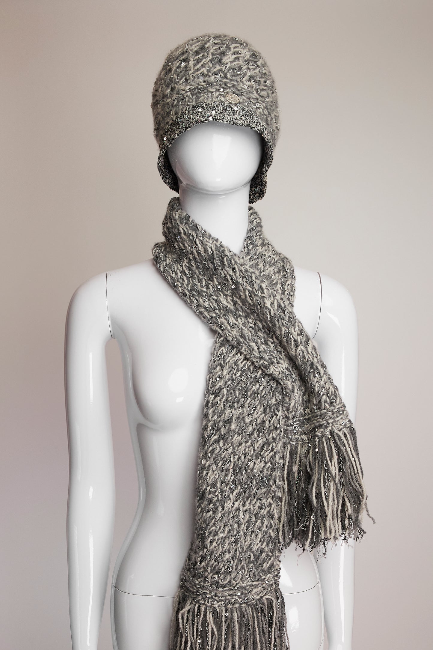 Chanel Silver and White with Sequin Detail Hat & Scarf Set