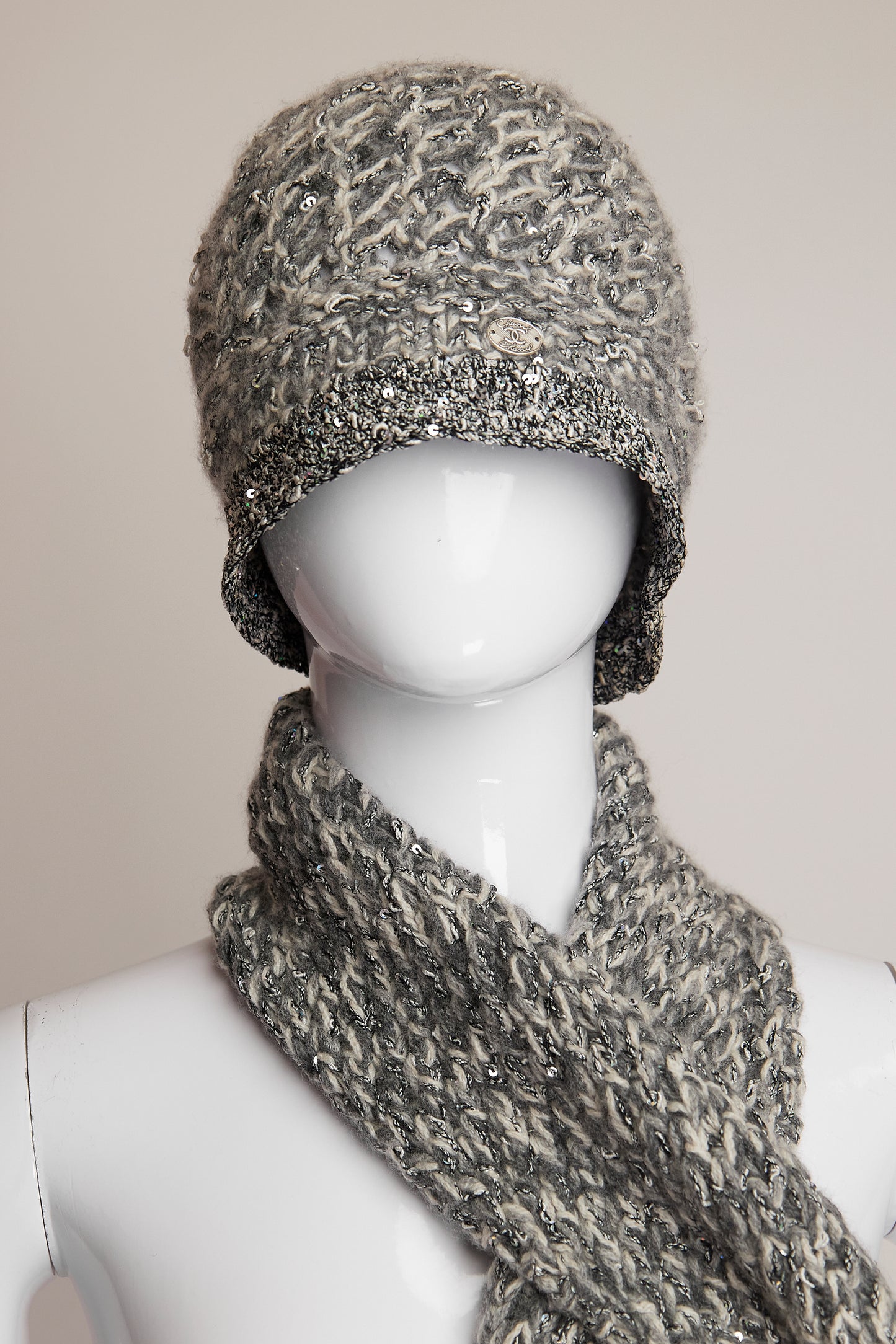 Chanel Silver and White with Sequin Detail Hat & Scarf Set