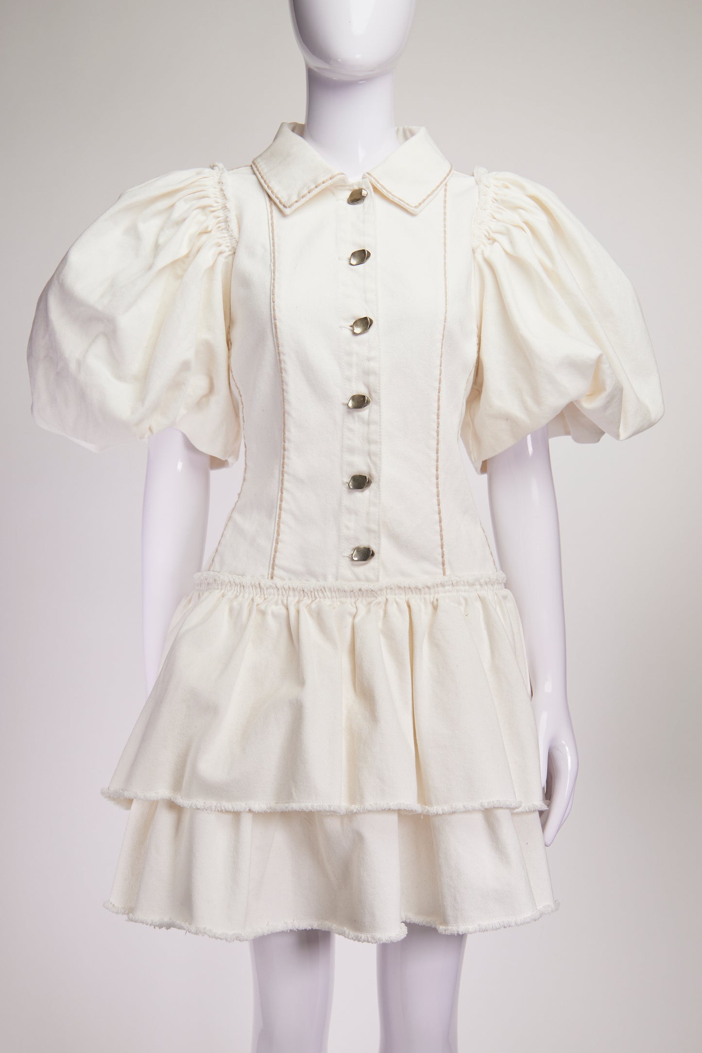 Aje Cream Denim Puff Sleeve Dress US12 1132Consignment Aje Cream Denim Puff Sleeve Dress US12 1132Consignment