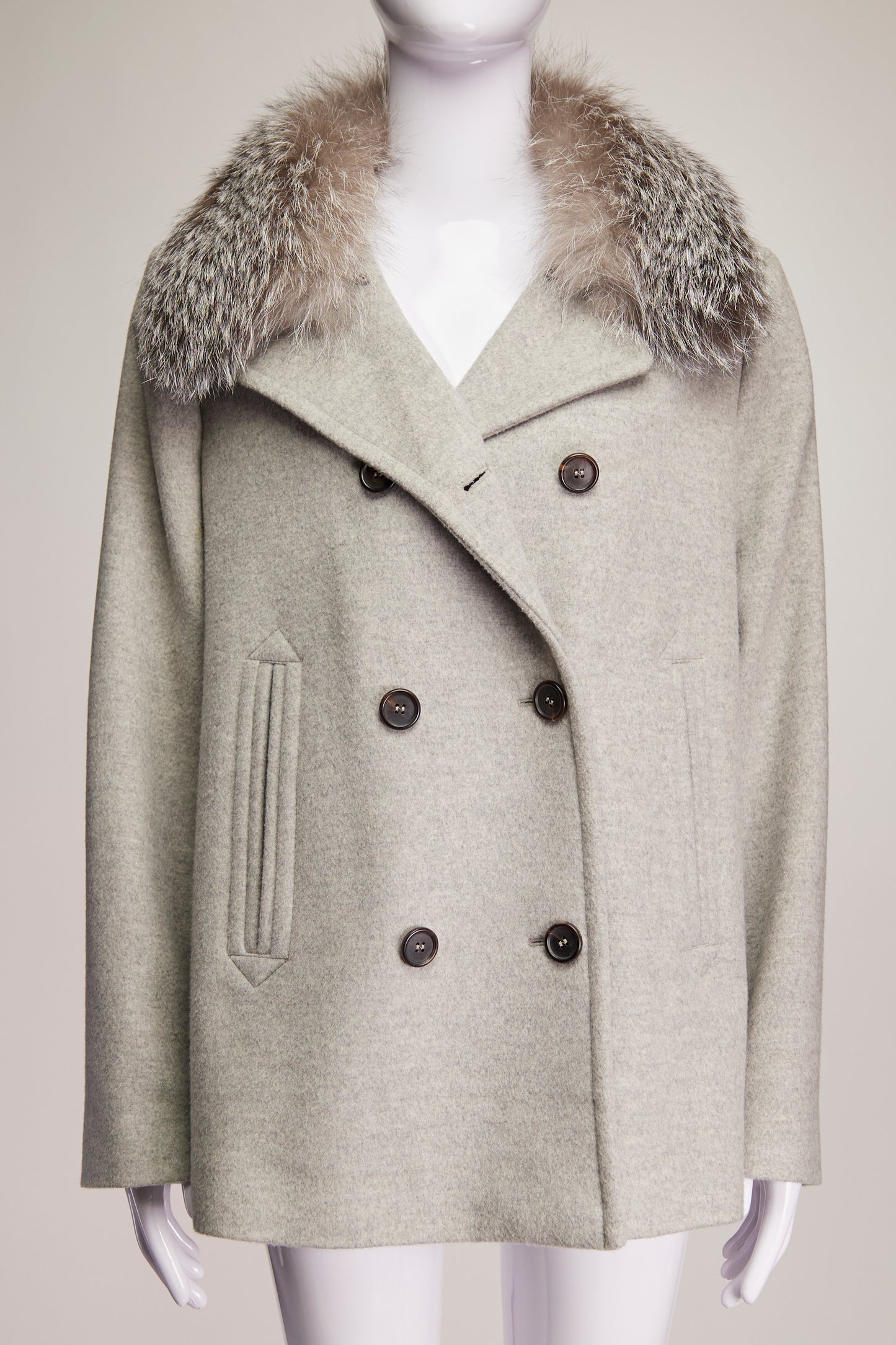 Brunello Cucinelli Cashmere Coat with Fur Collar S/M