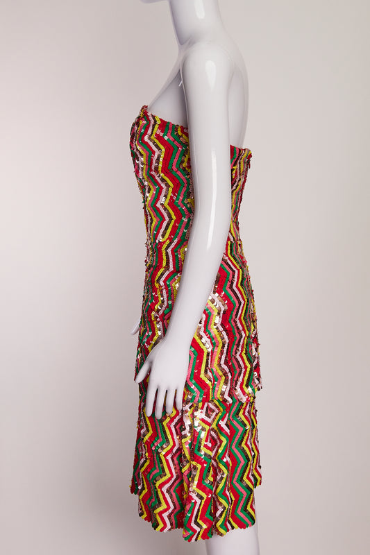 Osman London Multi Color Sequin Zig Zag Strapless Dress US 6