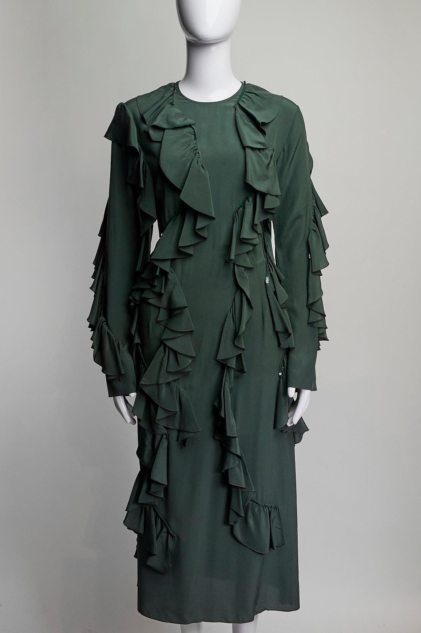 Nina Ricci Green Ruffle Silk Dress FR40 IT44