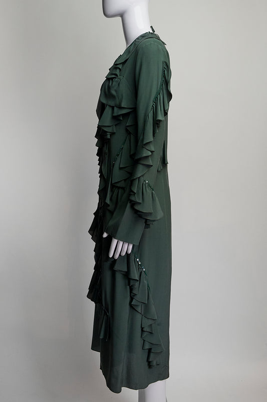 Nina Ricci Green Ruffle Silk Dress FR40 IT44