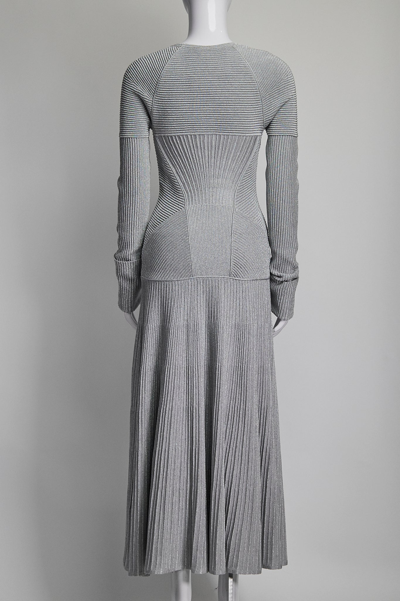 Alexander McQueen Metallic Silver Ribbed Dress S