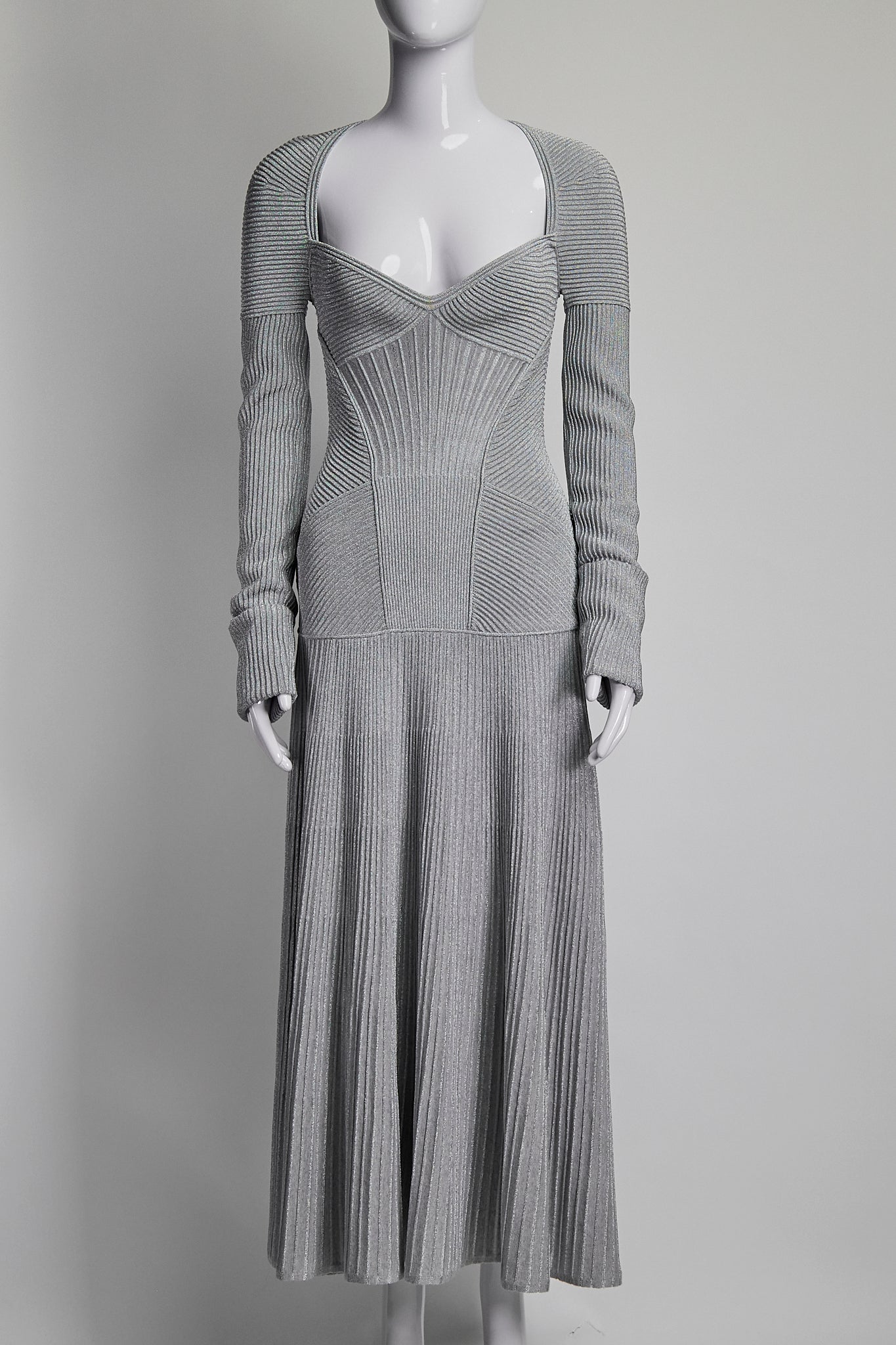 Alexander McQueen Metallic Silver Ribbed Dress S