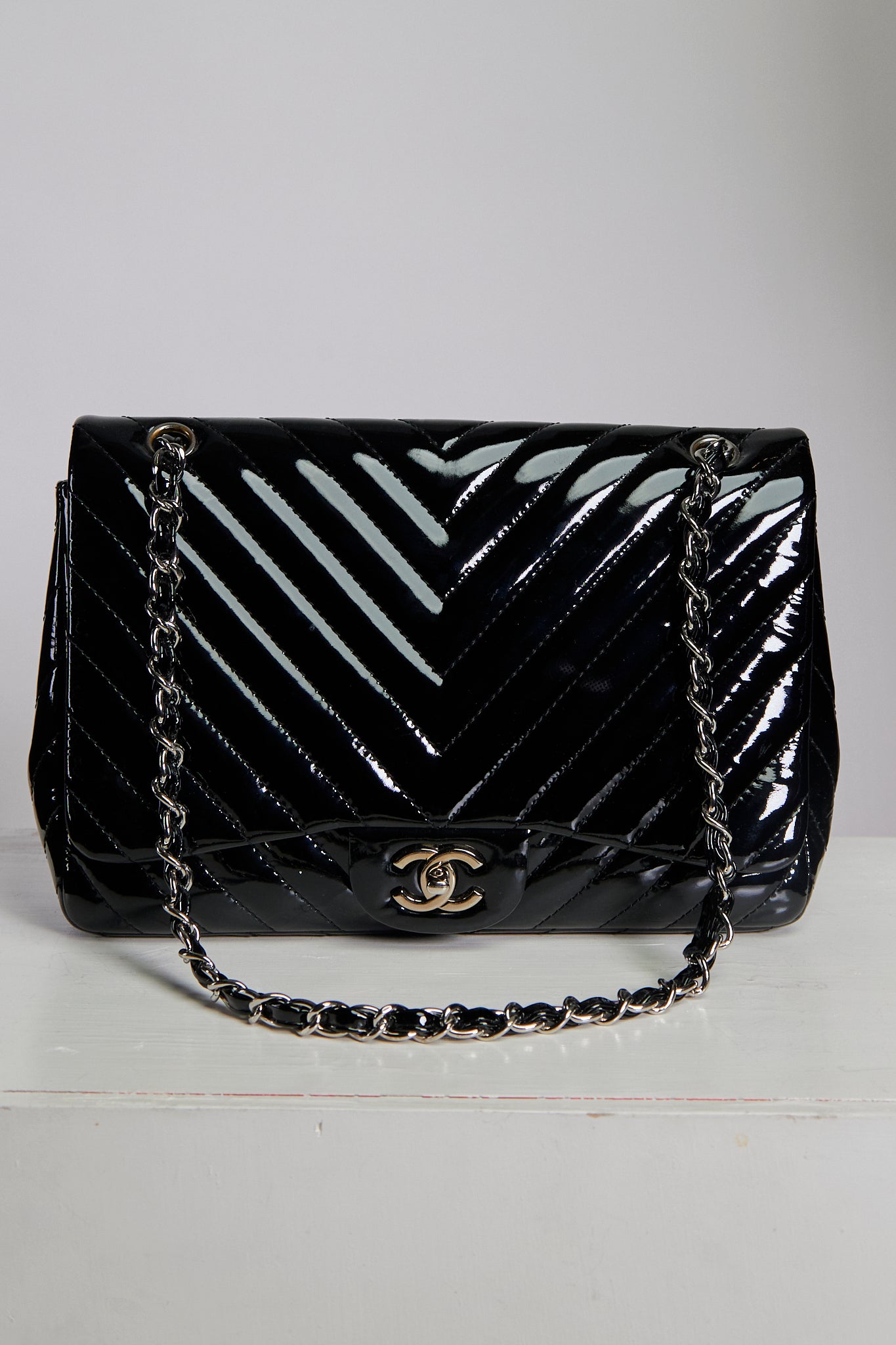 Chanel Patent Chevron Single Flap Jumbo Bag