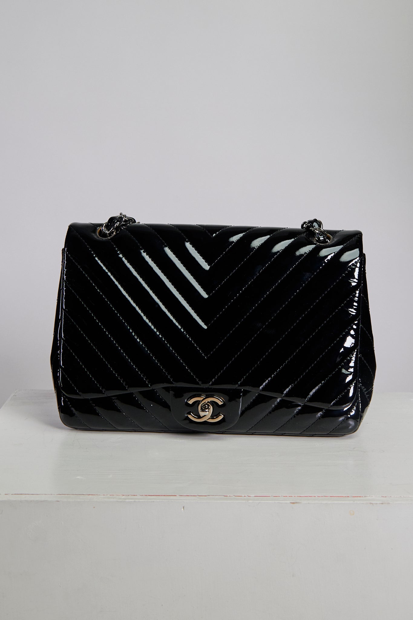 Chanel Patent Chevron Single Flap Jumbo Bag