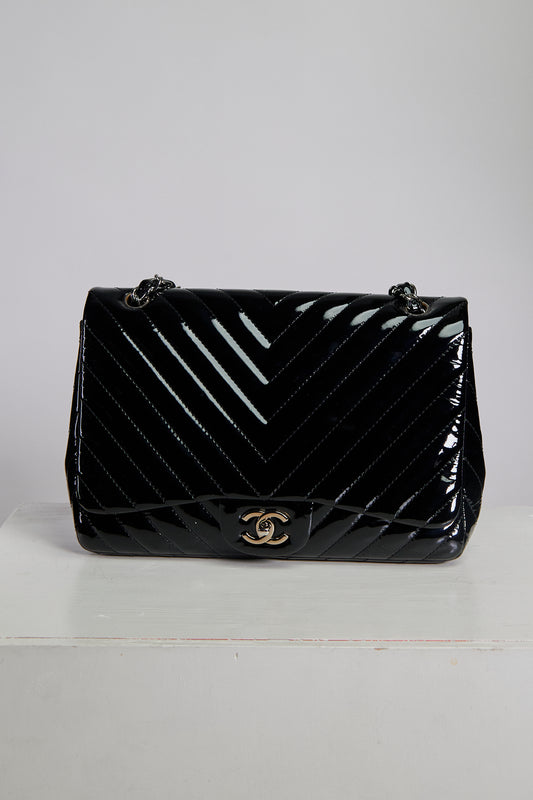 Chanel Patent Chevron Single Flap Jumbo Bag