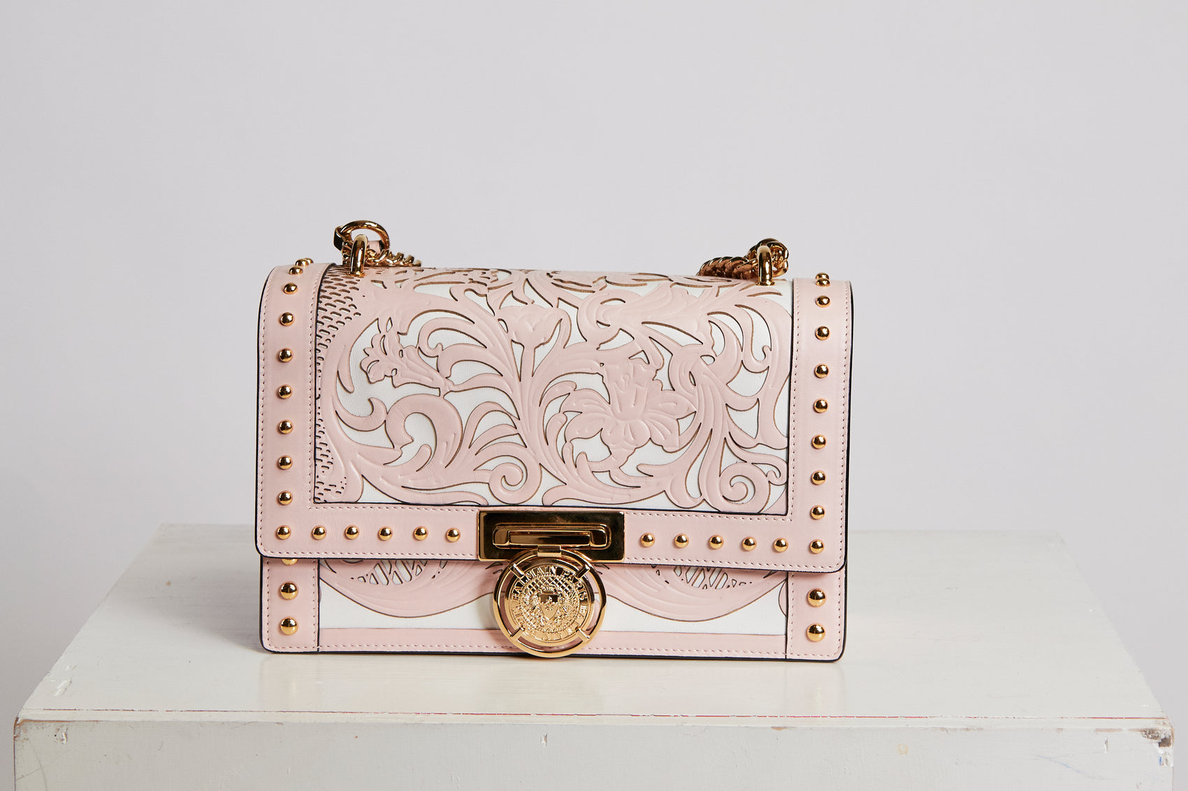 Balmain Cutout Western Shoulder Bag in Pink and White