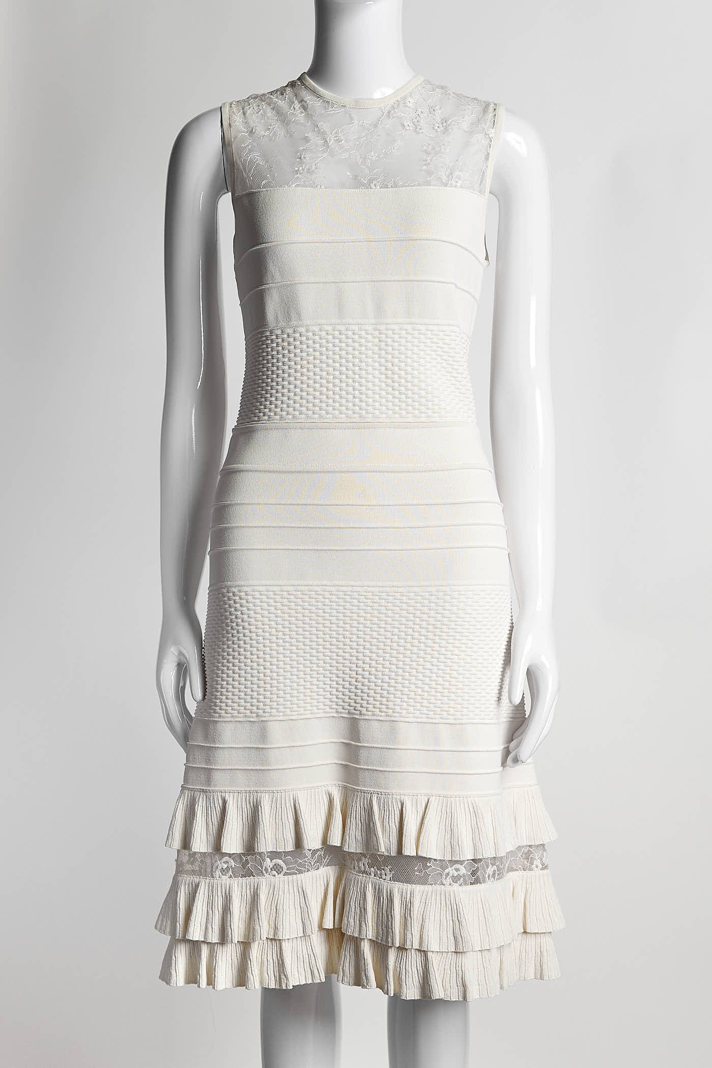 Elie Saab White Crew Neck Dress with Lace Detail 40