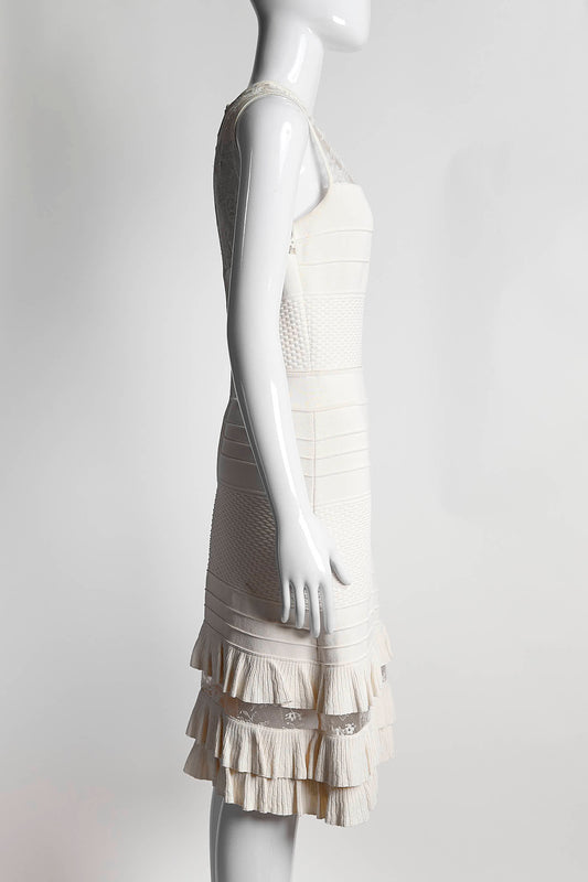 Elie Saab White Crew Neck Dress with Lace Detail 40