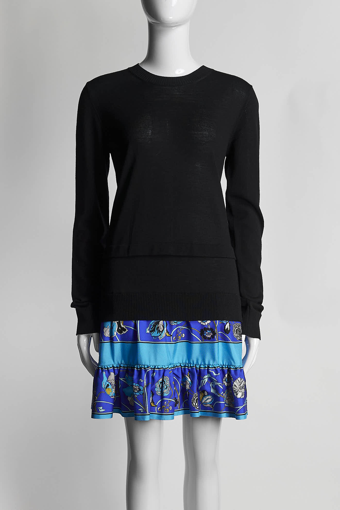 Emilio Pucci Black Sweater Dress w/Blue Printed Ruffled Bottom S