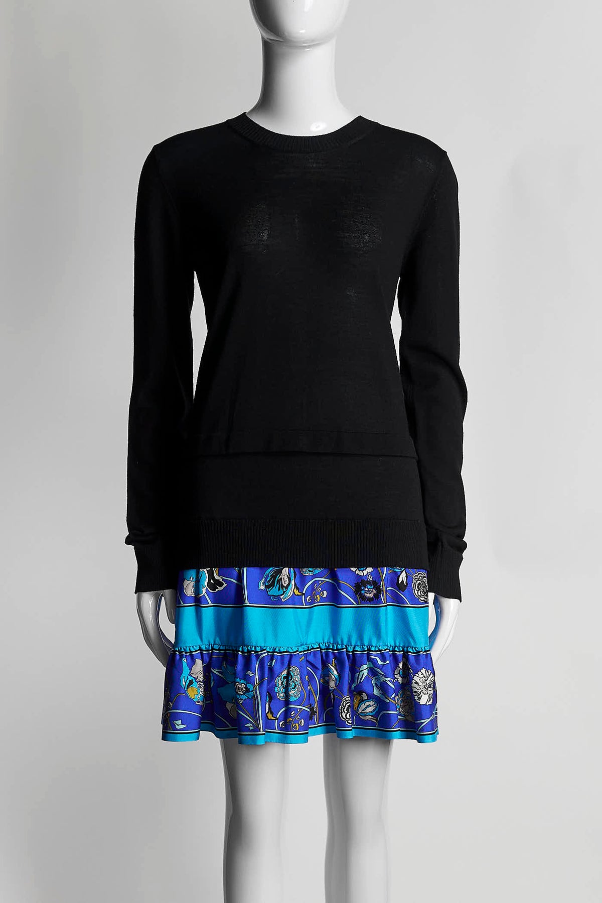 Emilio Pucci Black Sweater Dress w/Blue Printed Ruffled Bottom S