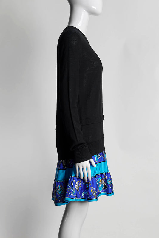 Emilio Pucci Black Sweater Dress w/Blue Printed Ruffled Bottom S