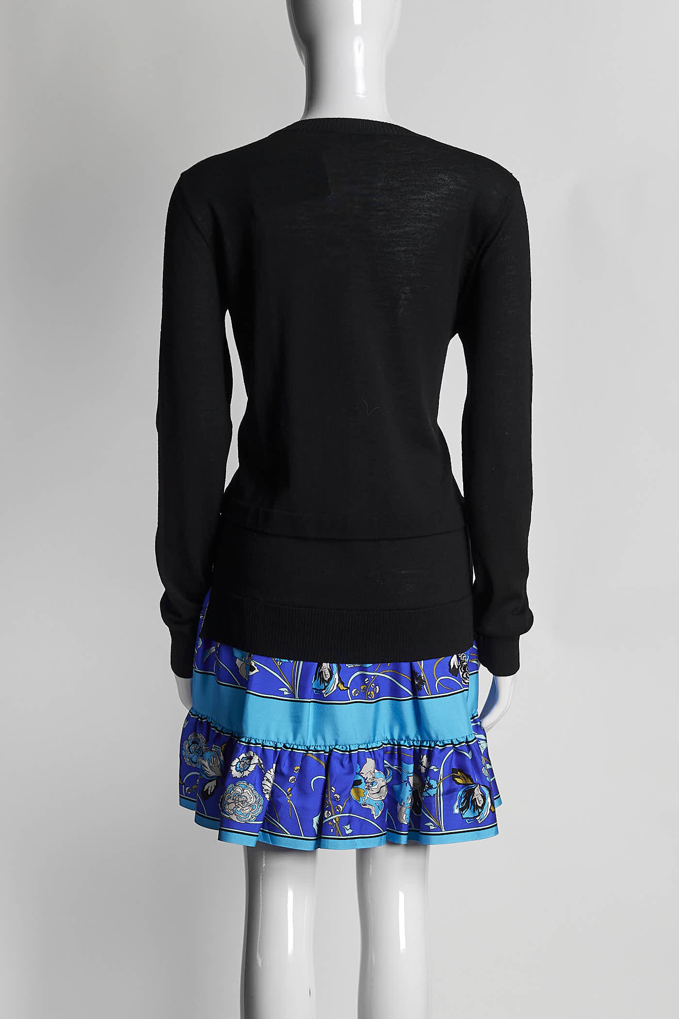 Emilio Pucci Black Sweater Dress w/Blue Printed Ruffled Bottom S