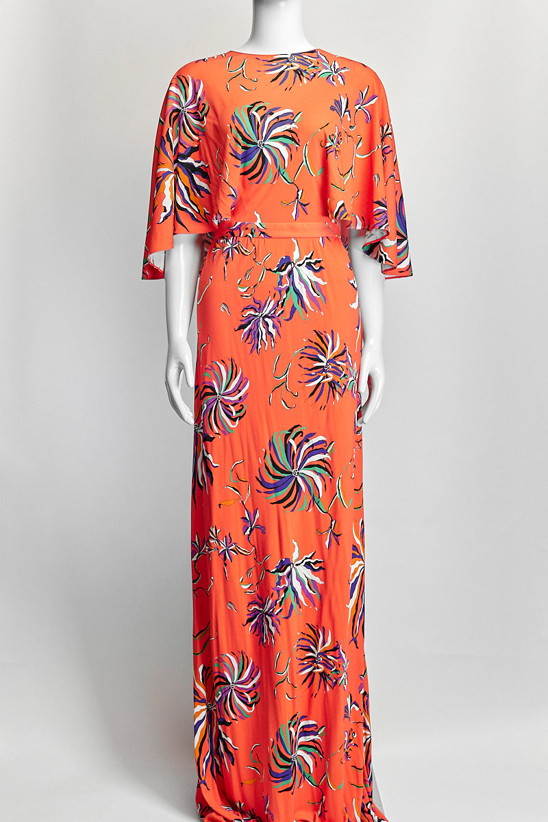 Emilio Pucci Orange Floral Printed Jersey Dress IT 40